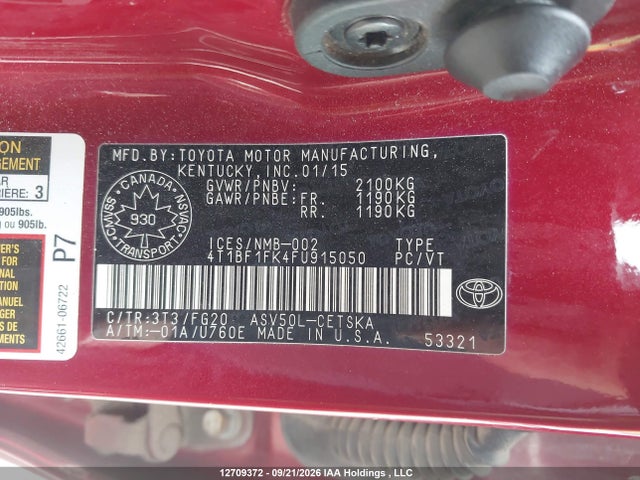 12709372 :رقم المزاد ، 4T1BF1FK4FU915050 vin ، 2015 Toyota Camry Se مزاد بيع