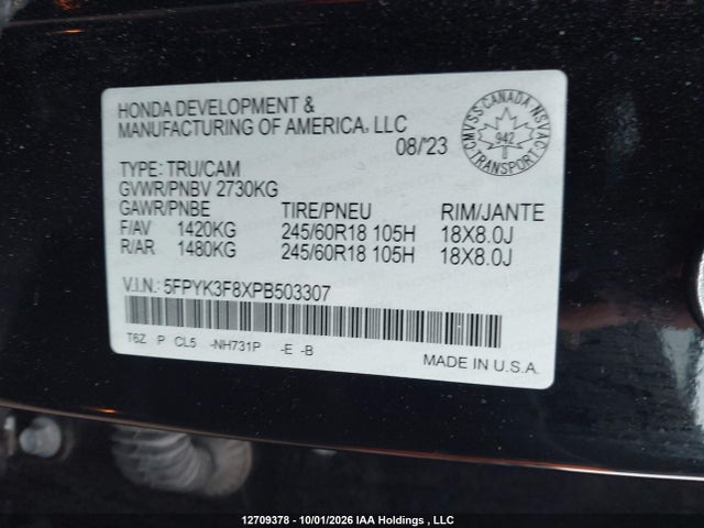 12709378 :رقم المزاد ، 5FPYK3F8XPB503307 vin ، 2023 Honda Ridgeline مزاد بيع