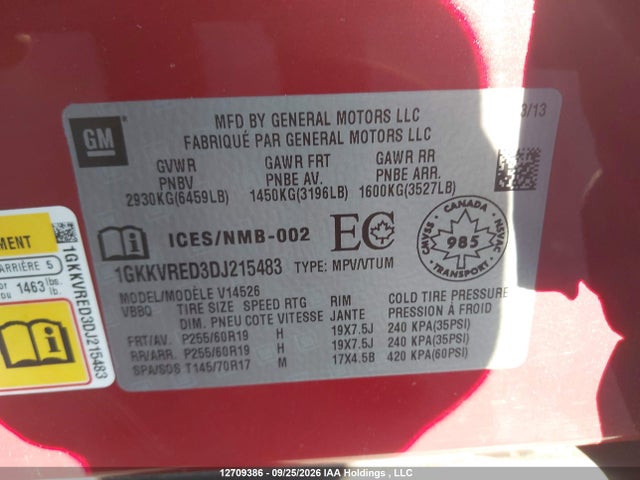 12709386 :رقم المزاد ، 1GKKVRED3DJ215483 vin ، 2013 Gmc Acadia Slt1 مزاد بيع