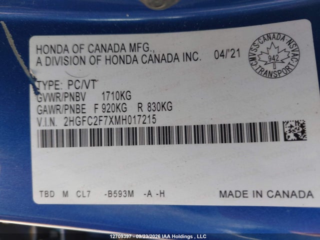 Honda CIVIC EX 2021 2HGFC2F7XMH017215 Image 19