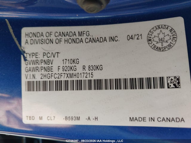 Honda CIVIC EX 2021 2HGFC2F7XMH017215 Image 9