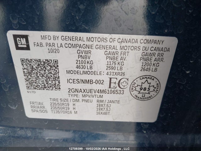 Продажа на аукционе авто 2021 Chevrolet Equinox, vin: 2GNAXUEV4M6106533, номер лота: 12709399