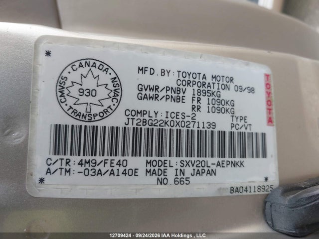 1999 Toyota Camry Le/xle მანქანა იყიდება აუქციონზე, vin: JT2BG22K0X0271139, აუქციონის ნომერი: 12709424