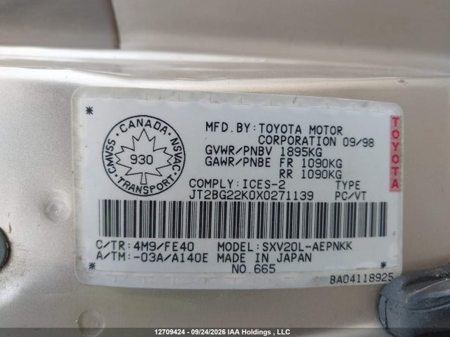 1999 Toyota Camry Le/xle მანქანა იყიდება აუქციონზე, vin: JT2BG22K0X0271139, აუქციონის ნომერი: 12709424
