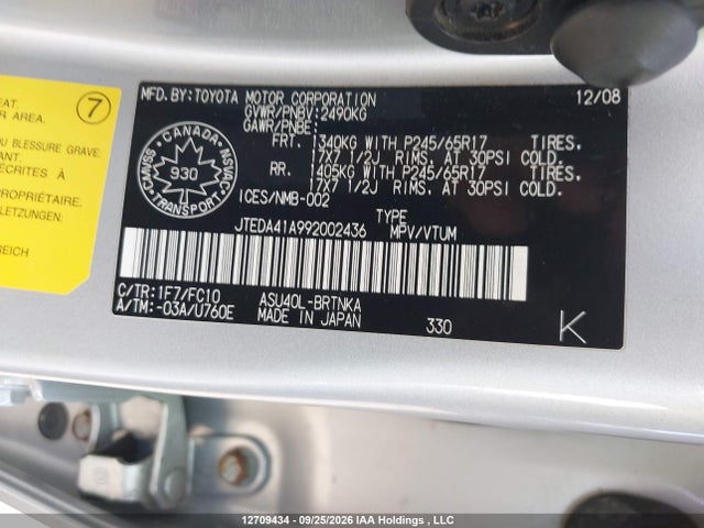 Aukcja sprzedaży 2009 Toyota Highlander, vin: JTEDA41A992002436, numer aukcji: 12709434