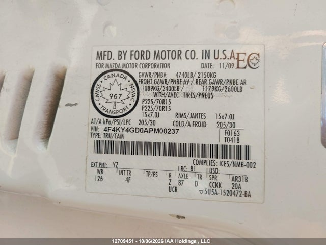 12709451 :رقم المزاد ، 4F4KY4GD0APM00237 vin ، 2010 Mazda B2300 Sx مزاد بيع