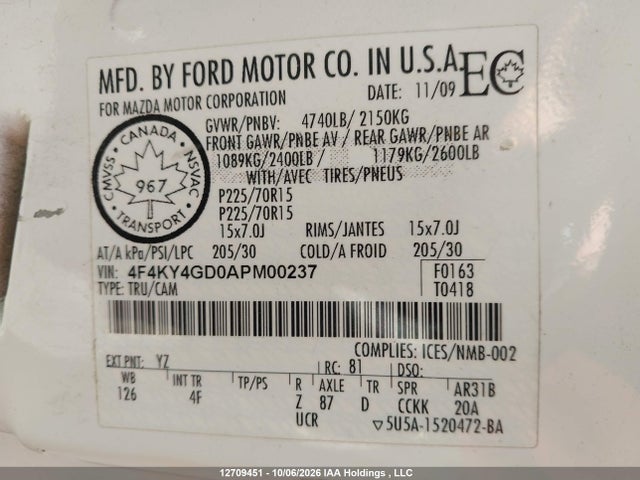 12709451 :رقم المزاد ، 4F4KY4GD0APM00237 vin ، 2010 Mazda B2300 Sx مزاد بيع