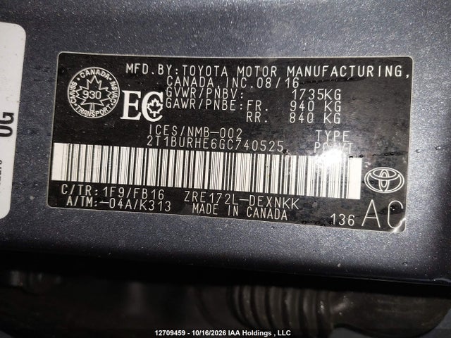 Toyota Corolla 2016 2T1BURHE6GC740525 Image 9