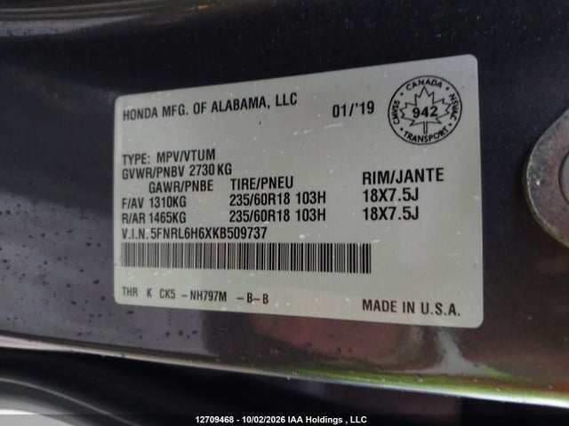 Продажа на аукционе авто 2019 Honda Odyssey Ex-l, vin: 5FNRL6H6XKB509737, номер лота: 12709468