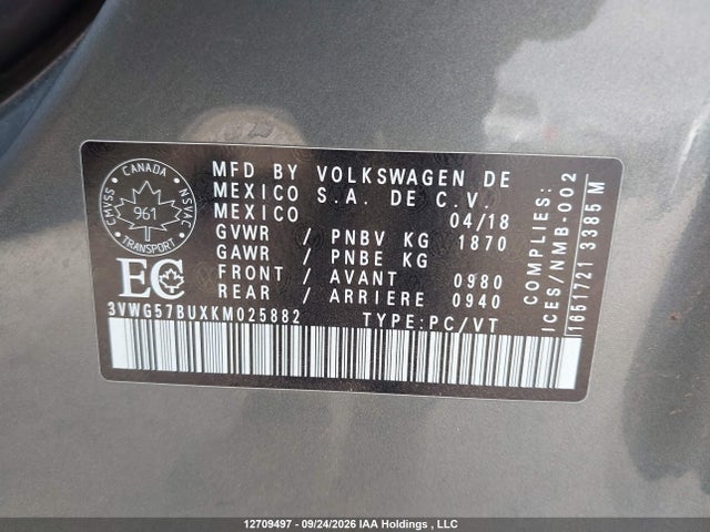 12709497 :رقم المزاد ، 3VWG57BUXKM025882 vin ، 2019 Volkswagen Jetta Sel Premium مزاد بيع