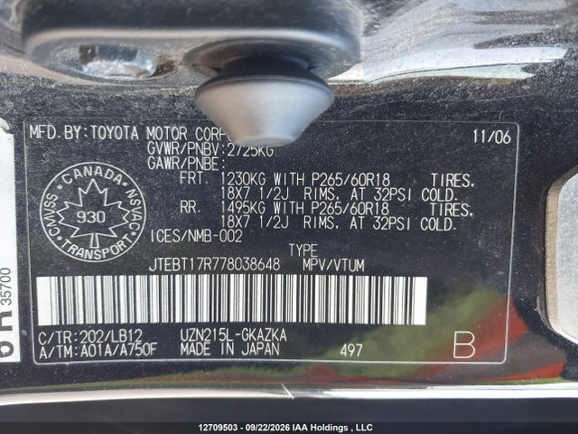Aukcja sprzedaży 2007 Toyota 4runner Limited, vin: JTEBT17R778038648, numer aukcji: 12709503