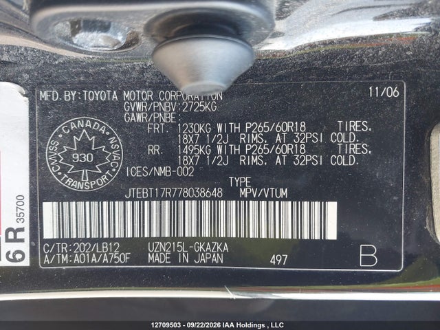 Aukcja sprzedaży 2007 Toyota 4runner Limited, vin: JTEBT17R778038648, numer aukcji: 12709503