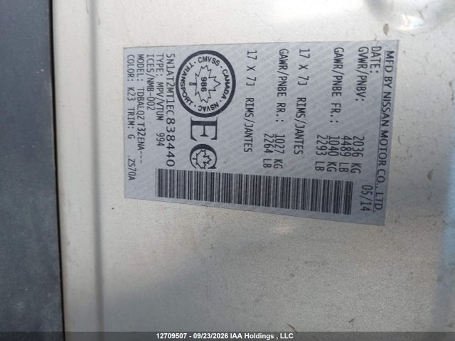 5N1AT2MT1EC838440 Nissan Rogue S/sl/sv