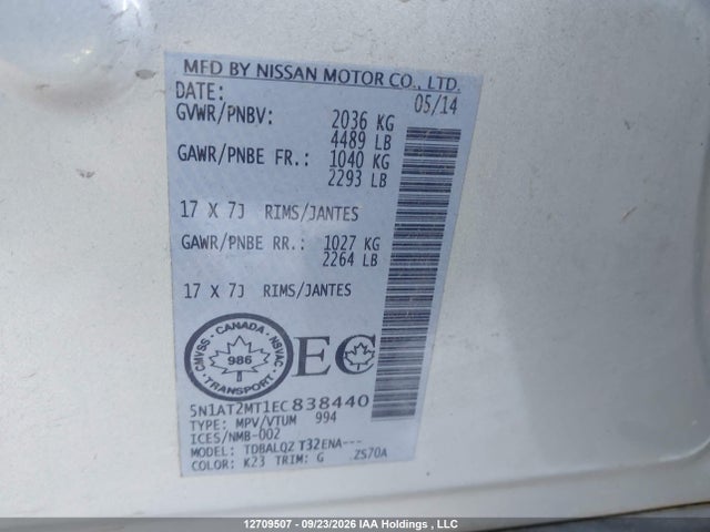 5N1AT2MT1EC838440 Nissan Rogue S/sl/sv