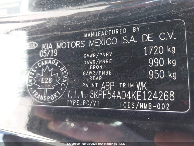 2019 Kia Forte მანქანა იყიდება აუქციონზე, vin: 3KPF54AD4KE124268, აუქციონის ნომერი: 12709509