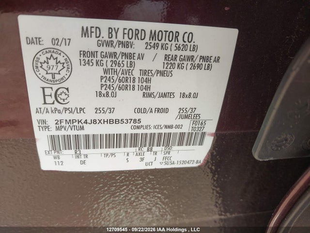 12709545 :رقم المزاد ، 2FMPK4J8XHBB53785 vin ، 2017 Ford Edge Sel مزاد بيع