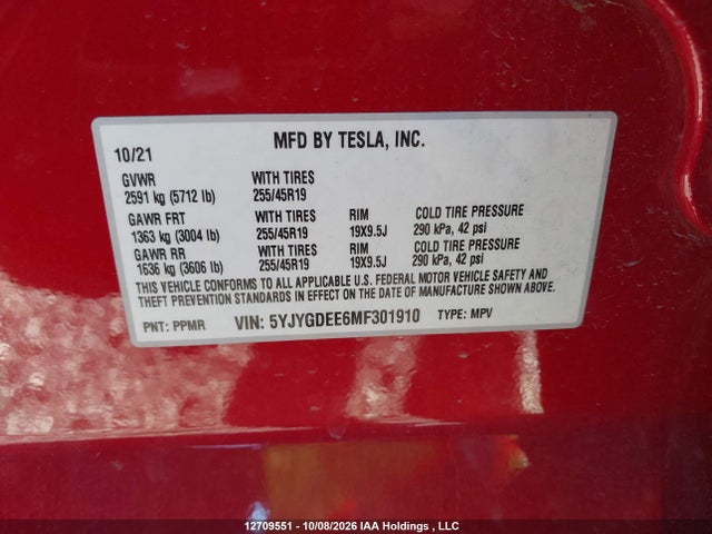 2021 Tesla Model Y Long Range მანქანა იყიდება აუქციონზე, vin: 5YJYGDEE6MF301910, აუქციონის ნომერი: 12709551