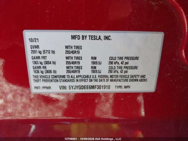 2021 Tesla Model Y Long Range მანქანა იყიდება აუქციონზე, vin: 5YJYGDEE6MF301910, აუქციონის ნომერი: 12709551