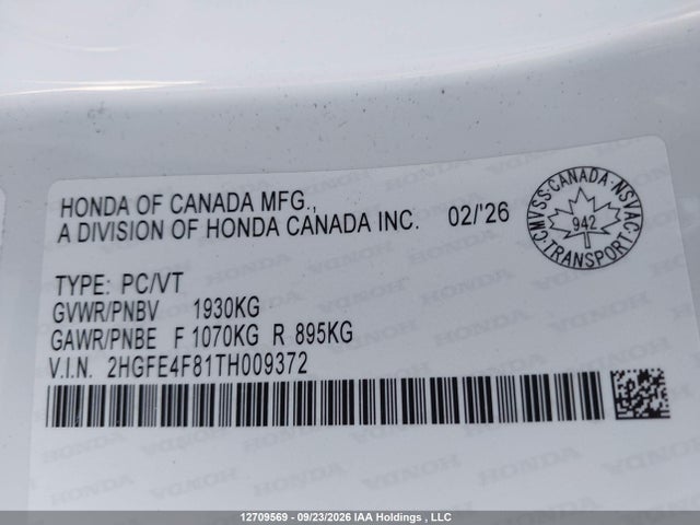 Продажа на аукционе авто 2026 Honda Civic, vin: 2HGFE4F81TH009372, номер лота: 12709569