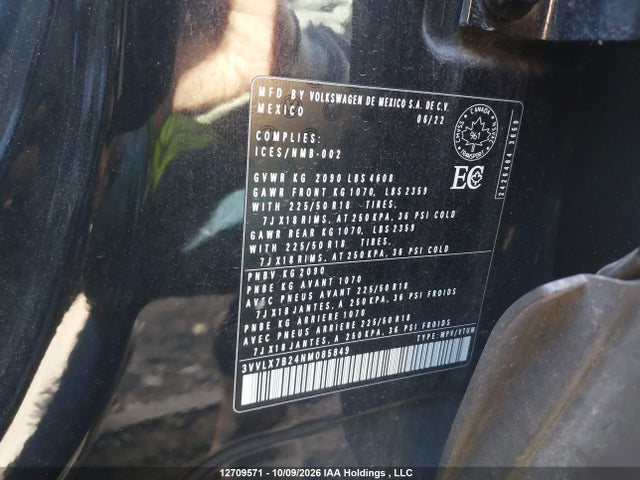 2022 Volkswagen Taos Comfortline მანქანა იყიდება აუქციონზე, vin: 3VVLX7B24NM085849, აუქციონის ნომერი: 12709571
