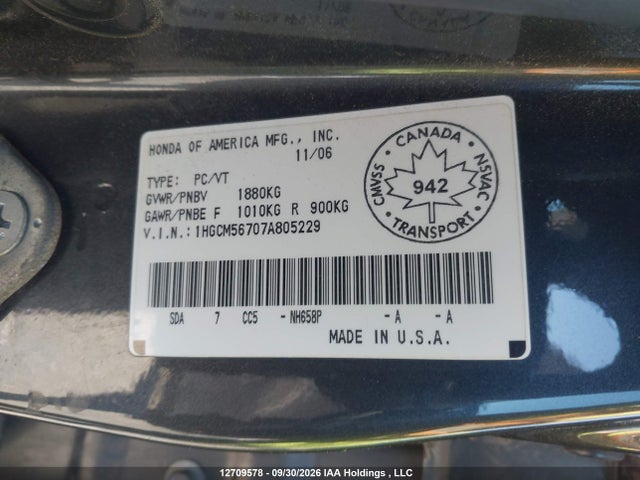 Aukcja sprzedaży 2007 Honda Accord Sdn, vin: 1HGCM56707A805229, numer aukcji: 12709578