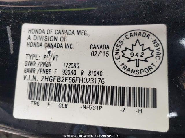Honda Civic Lx 2015 2HGFB2F56FH023176 Image 9