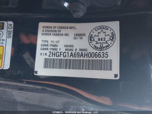 Продажа на аукционе авто 2010 Honda Civic Lx, vin: 2HGFG1A69AH006635, номер лота: 12709615