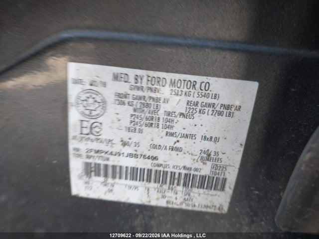 12709622 :رقم المزاد ، 2FMPK4J91JBB76466 vin ، 2018 Ford Edge Sel مزاد بيع