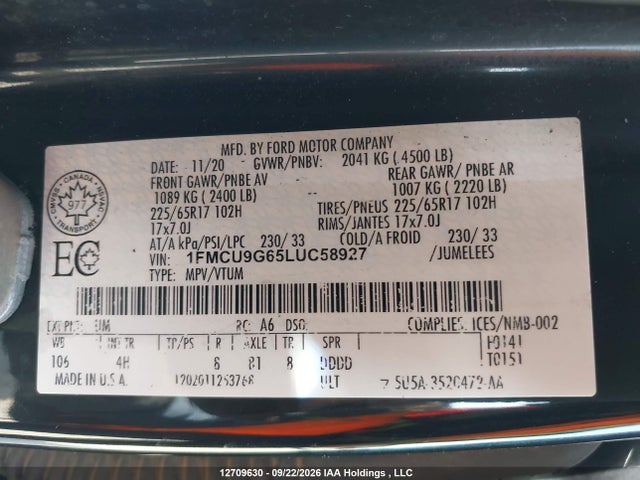 Ford ESCAPE SE 2020 1FMCU9G65LUC58927 Image 9