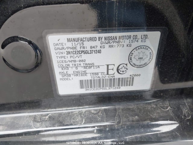 12709633 :رقم المزاد ، 3N1CE2CP5GL371240 vin ، 2016 Nissan Versa Note 1.6 S/1.6 Sl/1.6 Sr/1.6 Sv مزاد بيع