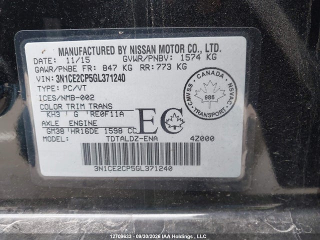 12709633 :رقم المزاد ، 3N1CE2CP5GL371240 vin ، 2016 Nissan Versa Note 1.6 S/1.6 Sl/1.6 Sr/1.6 Sv مزاد بيع