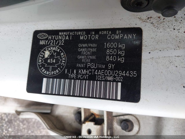 12686143 :رقم المزاد ، KMHCT4AE0DU294435 vin ، 2013 Hyundai Accent Gl مزاد بيع