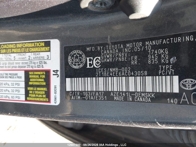 Продажа на аукционе авто 2010 Toyota Corolla Xrs Xrs, vin: 2T1BE4EE6AC043058, номер лота: 12687200