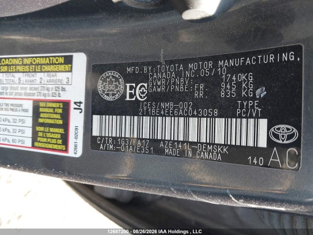 Продажа на аукционе авто 2010 Toyota Corolla Xrs Xrs, vin: 2T1BE4EE6AC043058, номер лота: 12687200