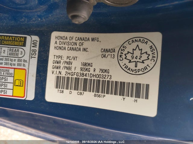 2013 Honda Civic Lx მანქანა იყიდება აუქციონზე, vin: 2HGFG3B41DH003273, აუქციონის ნომერი: 12700808