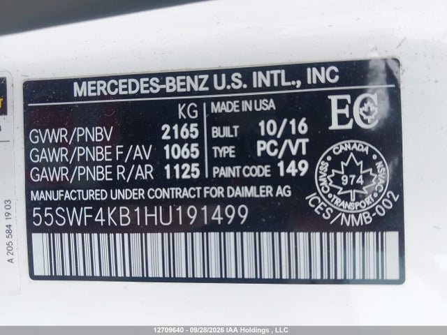 2017 Mercedes-benz C 300 4matic მანქანა იყიდება აუქციონზე, vin: 55SWF4KB1HU191499, აუქციონის ნომერი: 12709640