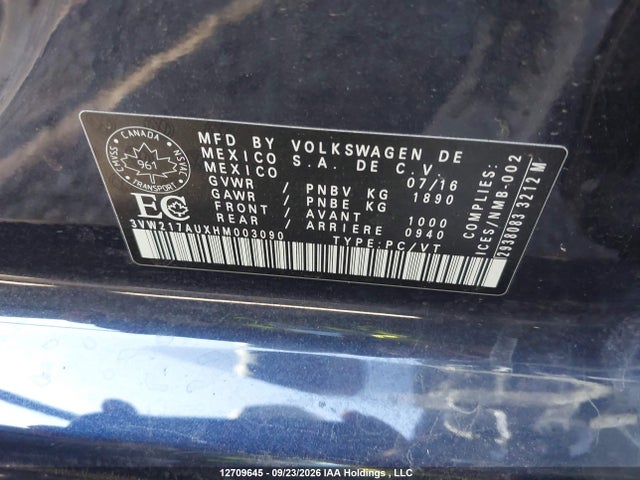 12709645 :رقم المزاد ، 3VW217AUXHM003090 vin ، 2017 Volkswagen Golf 1.8 Tsi Comfortline/1.8 Tsi Highline/1.8 Tsi Trendline مزاد بيع
