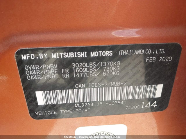 Aukcja sprzedaży 2020 Mitsubishi Mirage Es, vin: ML32A3HJ6LH007841, numer aukcji: 12709647