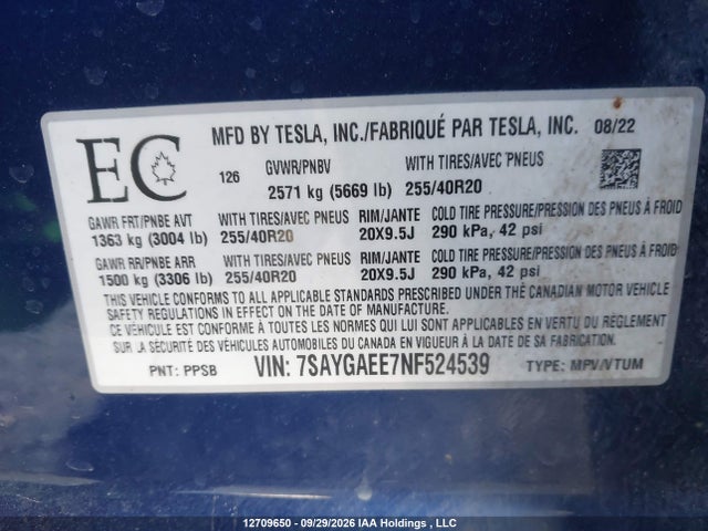2022 Tesla Model Y Long Range მანქანა იყიდება აუქციონზე, vin: 7SAYGAEE7NF524539, აუქციონის ნომერი: 12709650