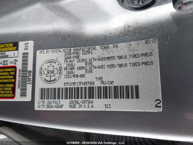 12709659 :رقم المزاد ، 5TFUY5F17FX457928 vin ، 2015 Toyota Tundra Double Cab Sr/double Cab Sr5 مزاد بيع