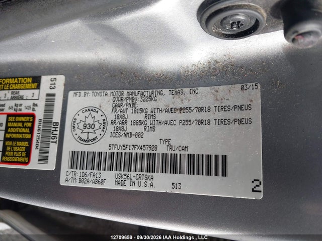 12709659 :رقم المزاد ، 5TFUY5F17FX457928 vin ، 2015 Toyota Tundra Double Cab Sr/double Cab Sr5 مزاد بيع