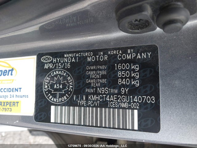 12709675 :رقم المزاد ، KMHCT4AE2GU140703 vin ، 2016 Hyundai Accent Gl مزاد بيع