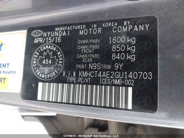 12709675 :رقم المزاد ، KMHCT4AE2GU140703 vin ، 2016 Hyundai Accent Gl مزاد بيع