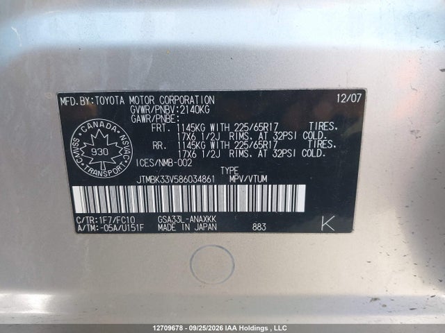 12709678 :رقم المزاد ، JTMBK33V586034861 vin ، 2008 Toyota Rav4 مزاد بيع