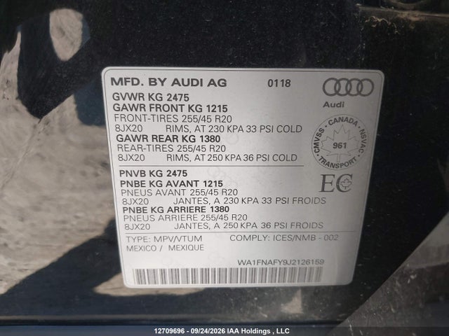 12709696 :رقم المزاد ، WA1FNAFY9J2126159 vin ، 2018 Audi Q5 2.0t Technik مزاد بيع