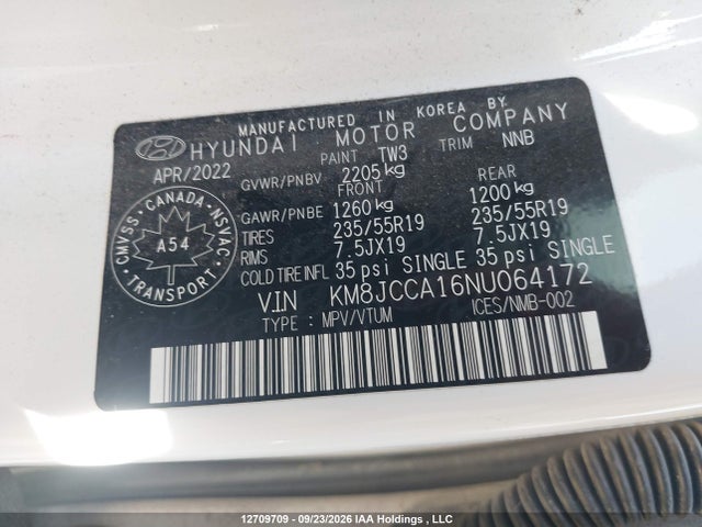 12709709 :رقم المزاد ، KM8JCCA16NU064172 vin ، 2022 Hyundai Tucson Luxury/ultimate مزاد بيع