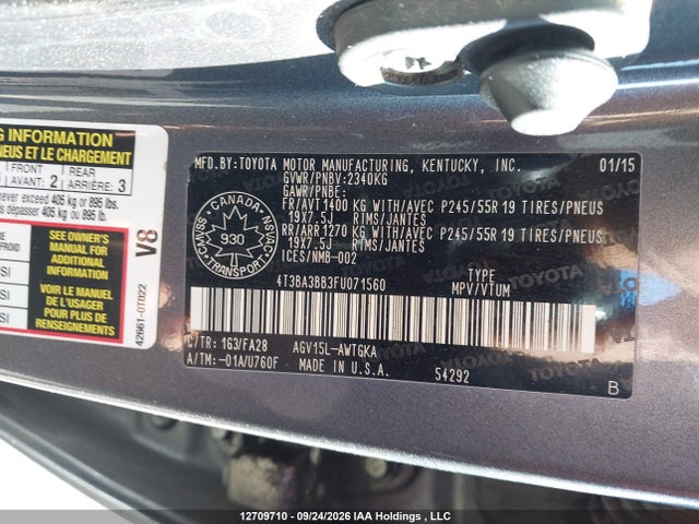 12709710 :رقم المزاد ، 4T3BA3BB3FU071560 vin ، 2015 Toyota Venza Le/xle مزاد بيع