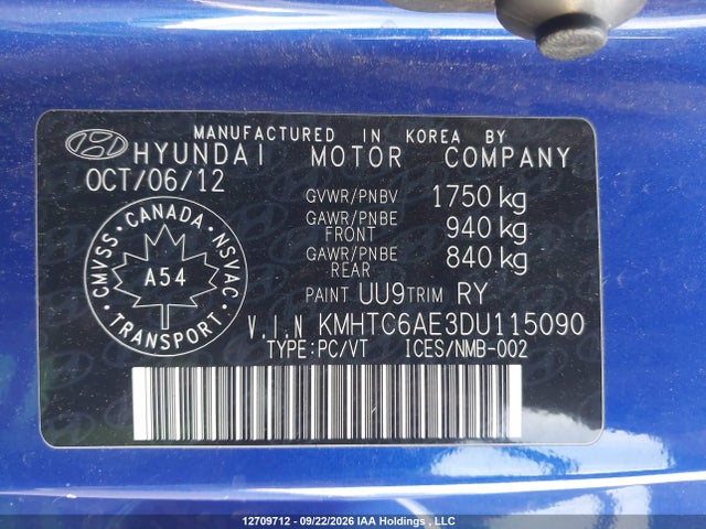 Продажа на аукционе авто 2013 Hyundai Veloster Turbo, vin: KMHTC6AE3DU115090, номер лота: 12709712