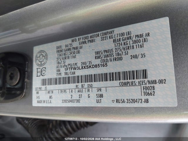 12709713 :رقم المزاد ، 1FTFW3L8XSKD85165 vin ، 2025 Ford F150 Xlt مزاد بيع