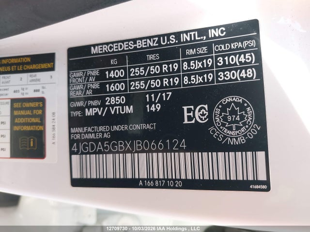 Aukcja sprzedaży 2018 Mercedes-benz Gle-class, vin: 4JGDA5GBXJB066124, numer aukcji: 12709730
